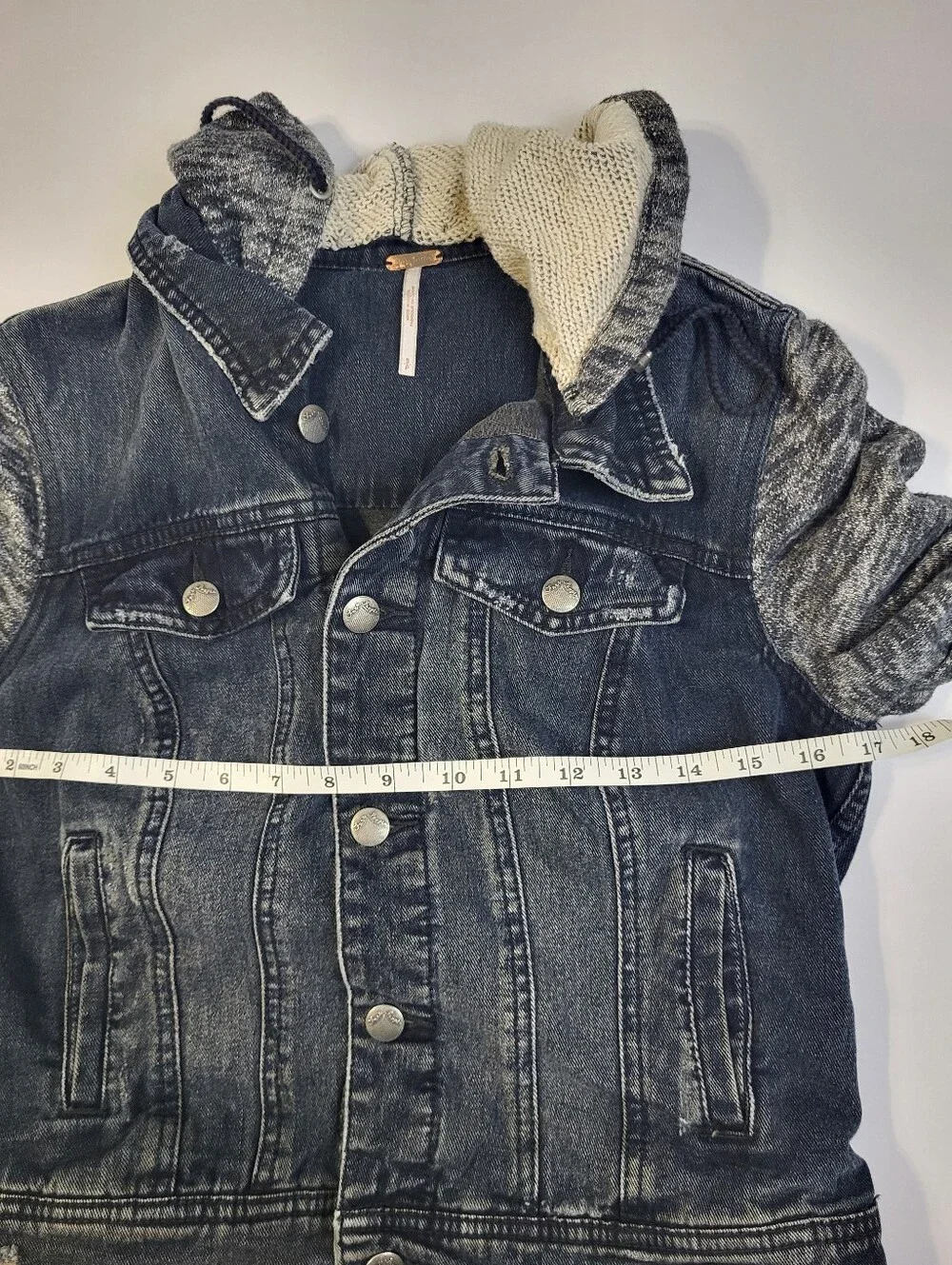 Free People Distressed Black Denim Mixed Knit Jacket Hoodie Boho Punk Small
